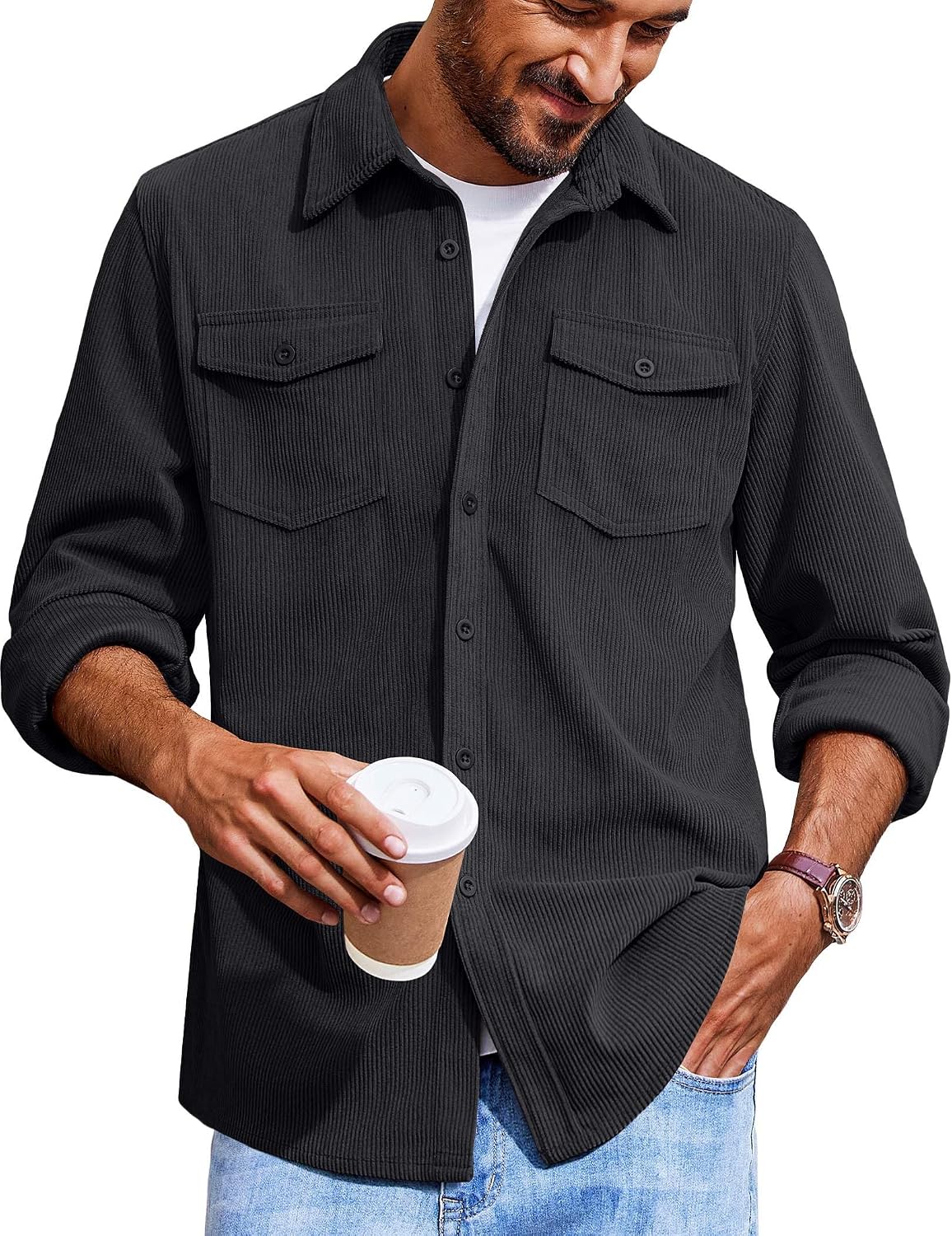 Men's Corduroy Button Down Shirts Jackets Casual Long Sleeve Shacket Lightweight Overshirts with Flap Pockets