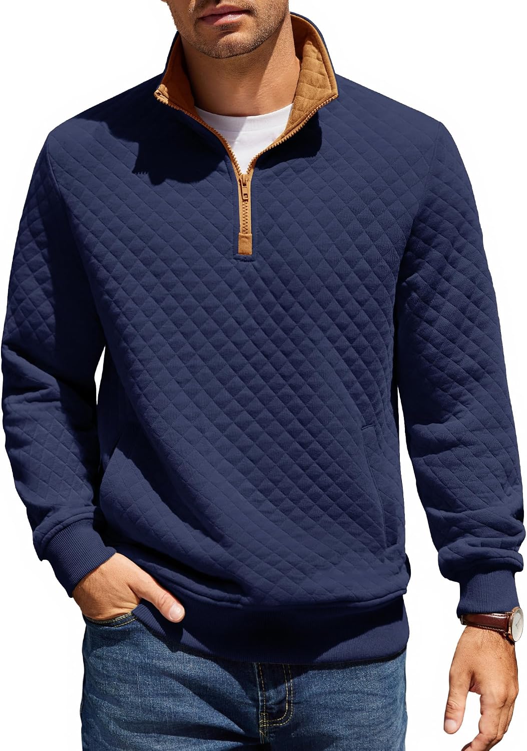 Mens Quarter Zip Pullover Quilted Sweatshirt Knit Long Sleeve Mock Neck Sweater Polo with Pocket