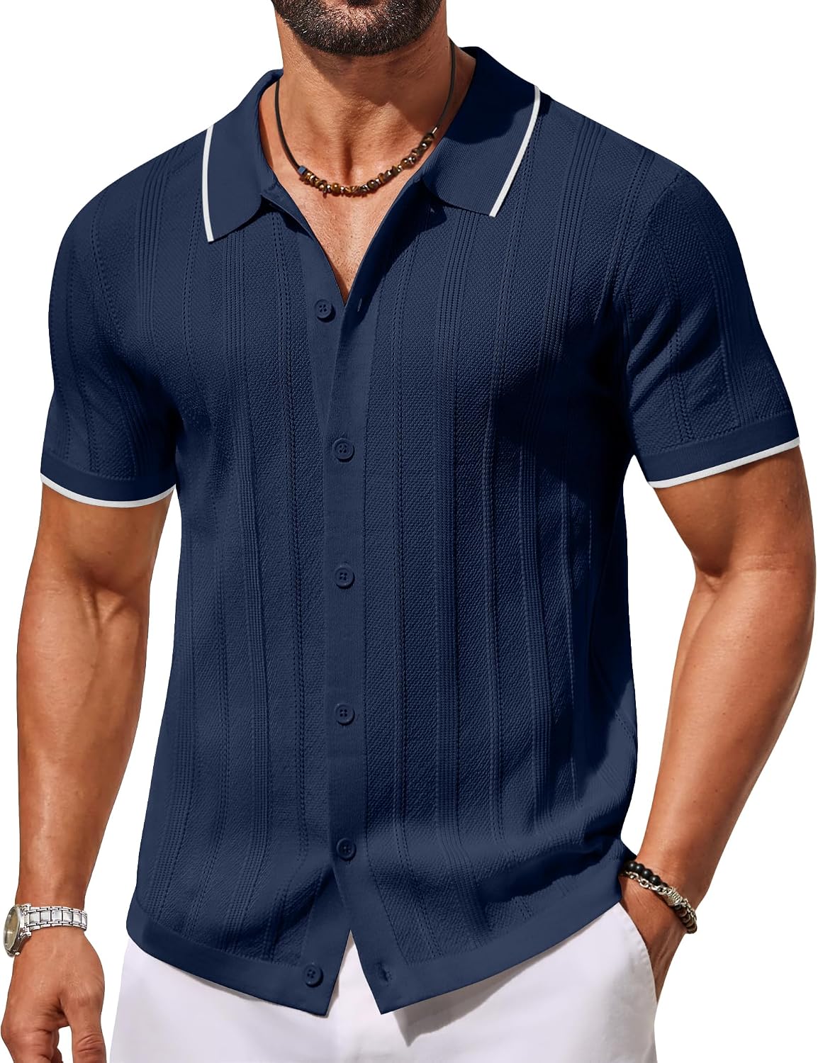 Men's Knit Button Down Shirts Short Sleeve Polo Shirt Casual Vacation Summer Beach Shirts