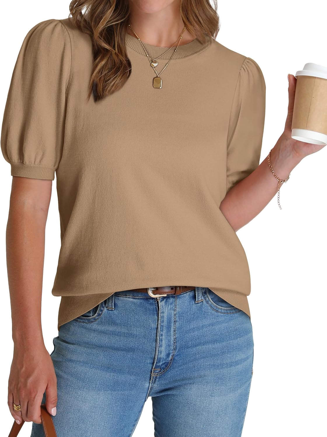Women's Puff Short Sleeve Sweater 2026 Spring Summer Tops Trendy Business Causal Outfits Work Blouses Clothes