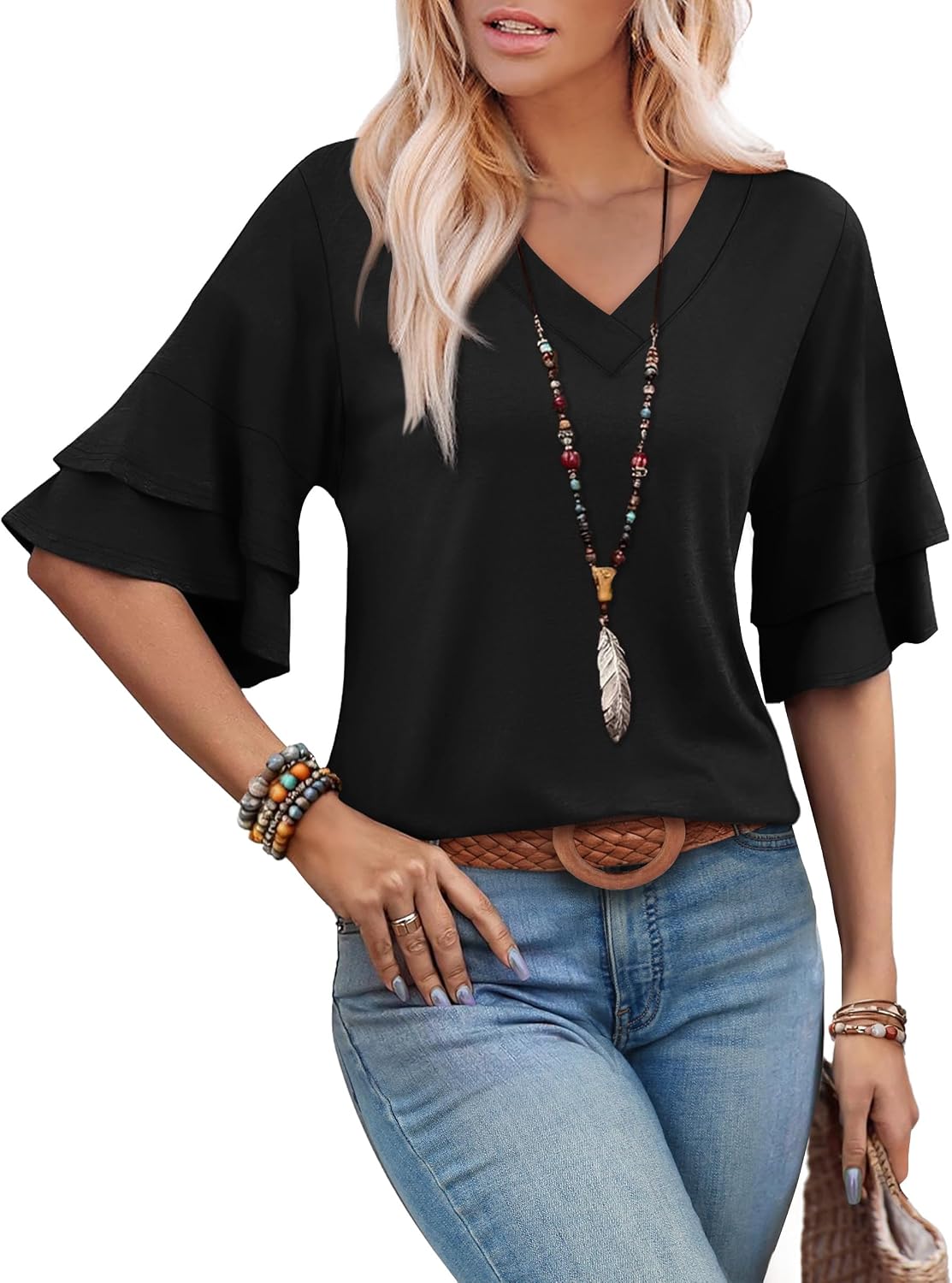 Spring Tops for Women Boho Shirts Fashion Clothing Cute 3/4 Length Sleeve Blouses Dressy Casual Summer Outfits