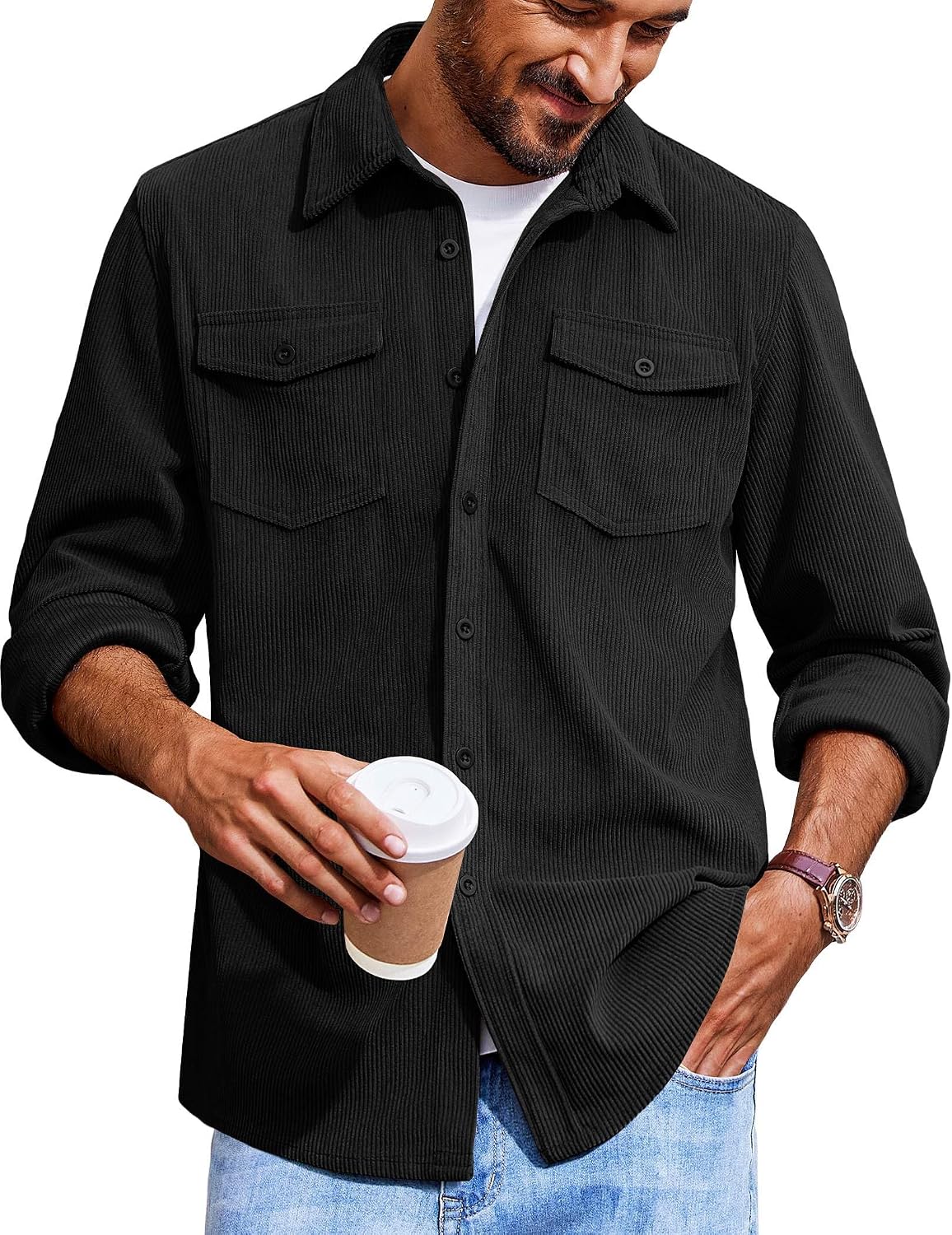 Men's Corduroy Button Down Shirts Jackets Casual Long Sleeve Shacket Lightweight Overshirts with Flap Pockets