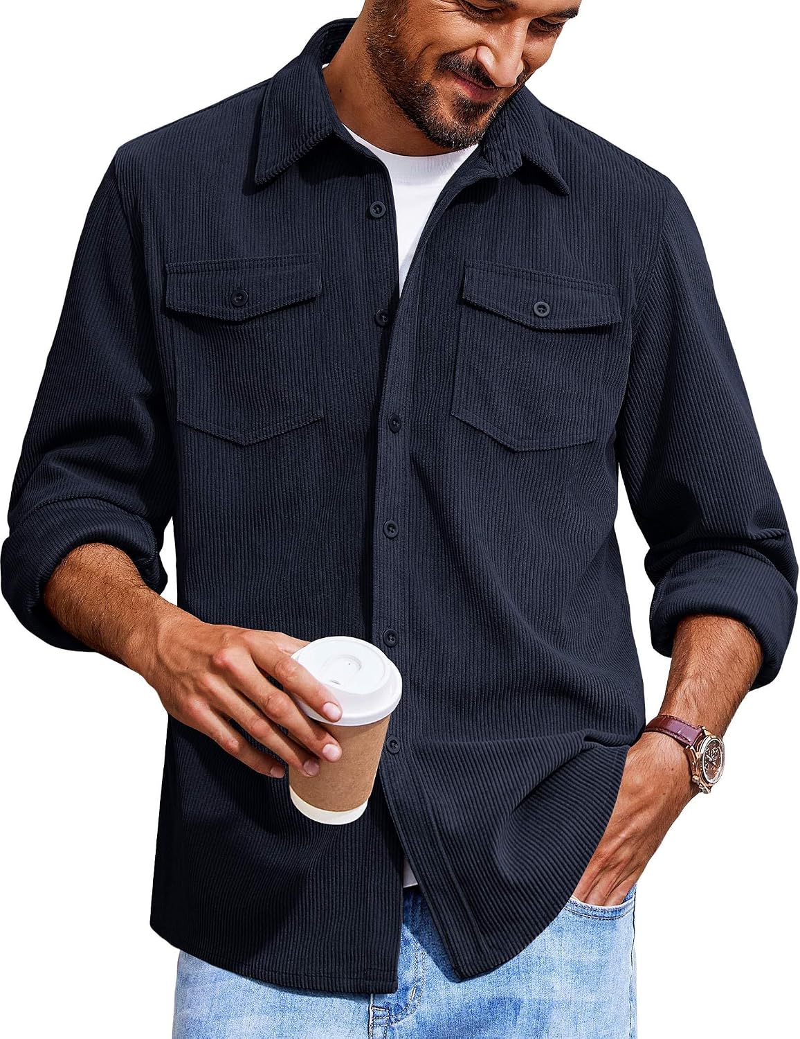 Men's Corduroy Button Down Shirts Jackets Casual Long Sleeve Shacket Lightweight Overshirts with Flap Pockets