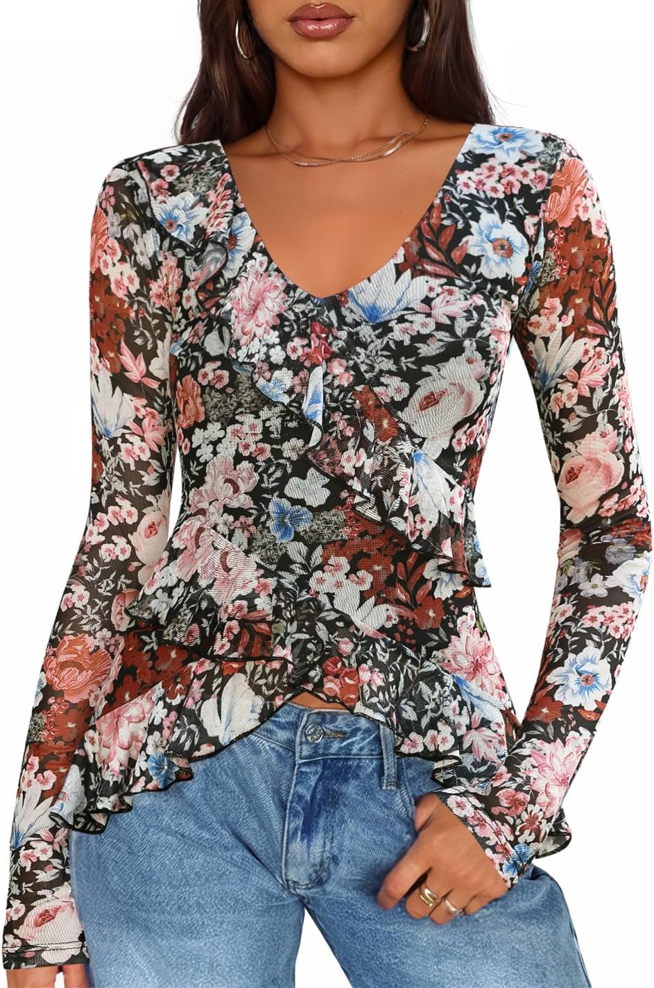 Women's Long Sleeve Floral Shirts V Neck Going Out Ruffle Tops Blouses 2026 Fall Fashion Clothes Outfits