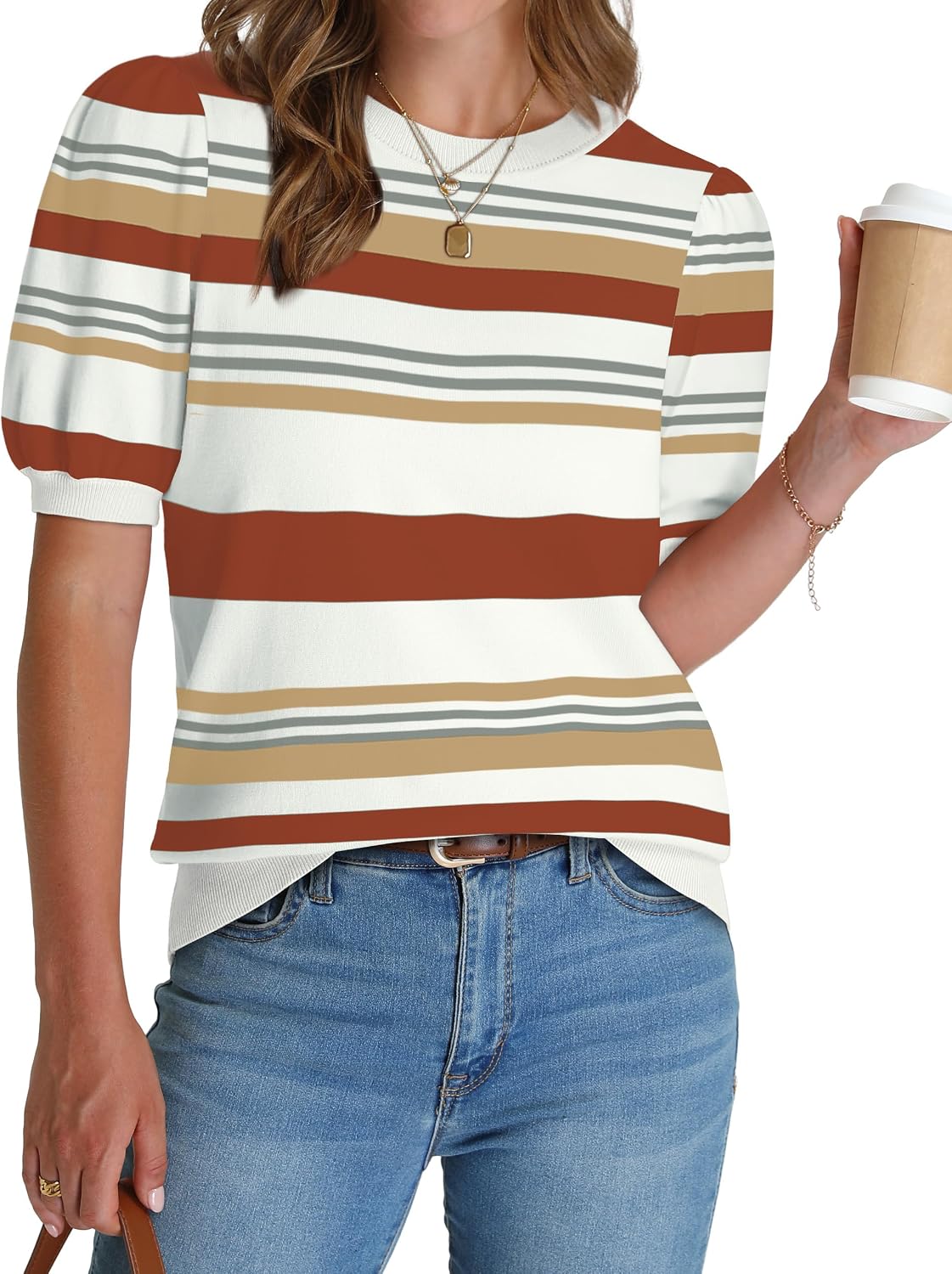 Women's Puff Short Sleeve Sweater 2026 Spring Summer Tops Trendy Business Causal Outfits Work Blouses Clothes