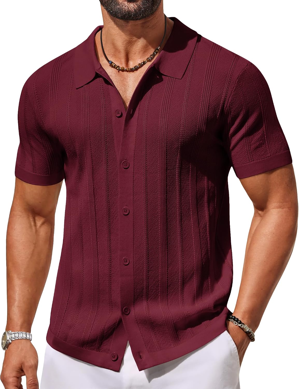 Men's Knit Button Down Shirts Short Sleeve Polo Shirt Casual Vacation Summer Beach Shirts