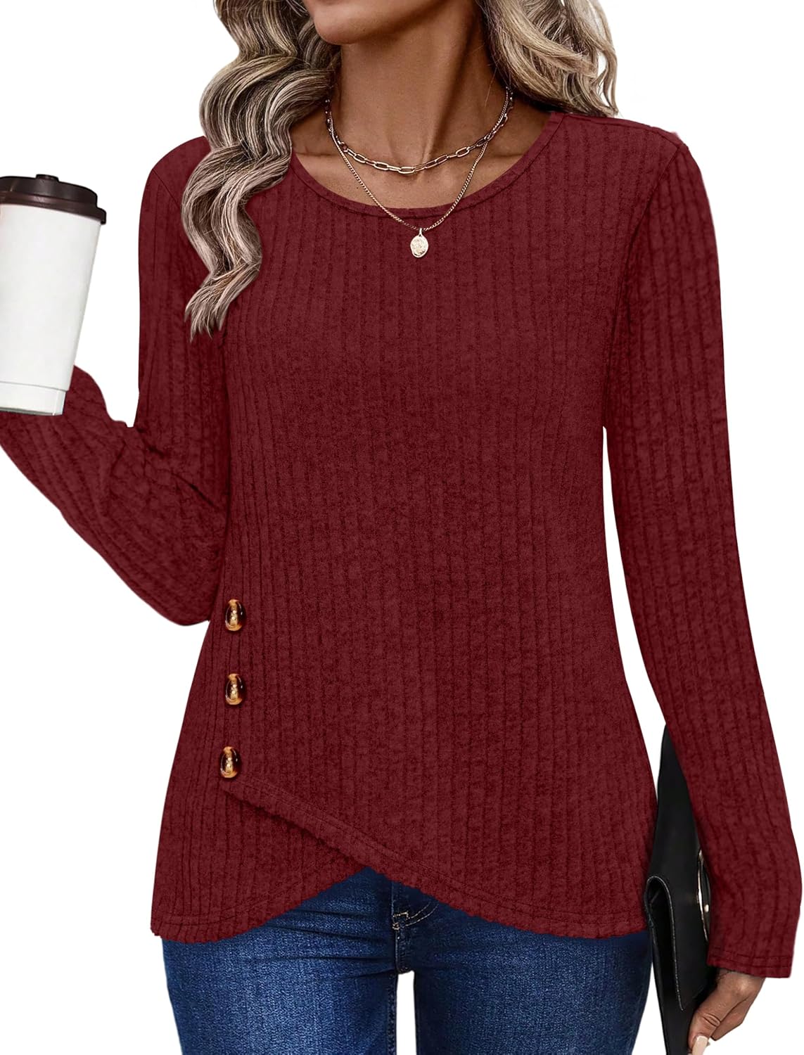 Tunic Sweaters for Women Long Sleeve Shirts Crew Neck Tops with Buttons Fall Fashion Outfits Winter Clothing