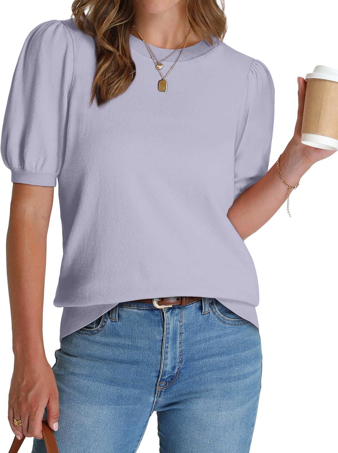 Women's Puff Short Sleeve Sweater 2026 Spring Summer Tops Trendy Business Causal Outfits Work Blouses Clothes