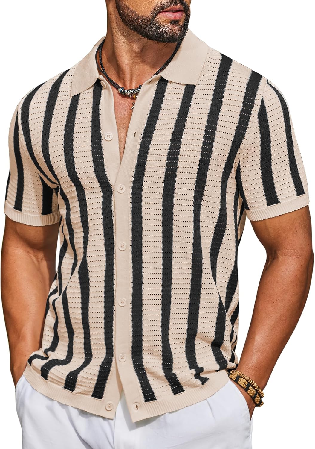 Men's Knit Shirts Short Sleeve Button Down Polo Shirt Striped Casual Summer Beach Shirts