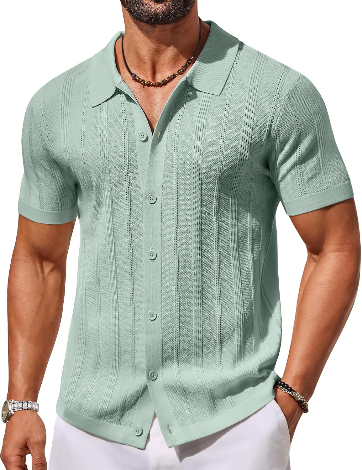 Men's Knit Button Down Shirts Short Sleeve Polo Shirt Casual Vacation Summer Beach Shirts