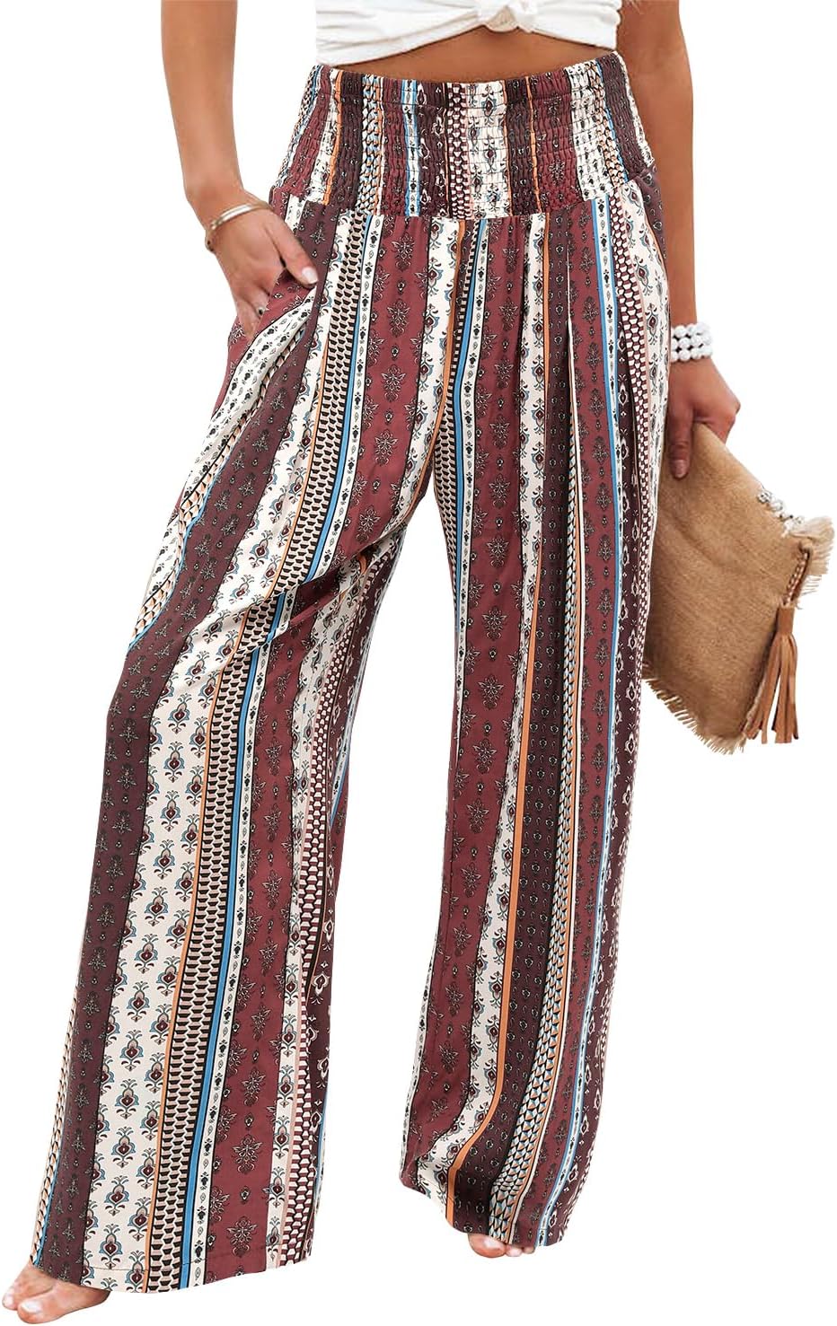Womens Elastic High Waisted Palazzo Pants Casual Wide Leg Long Lounge Pant Trousers with Pocket