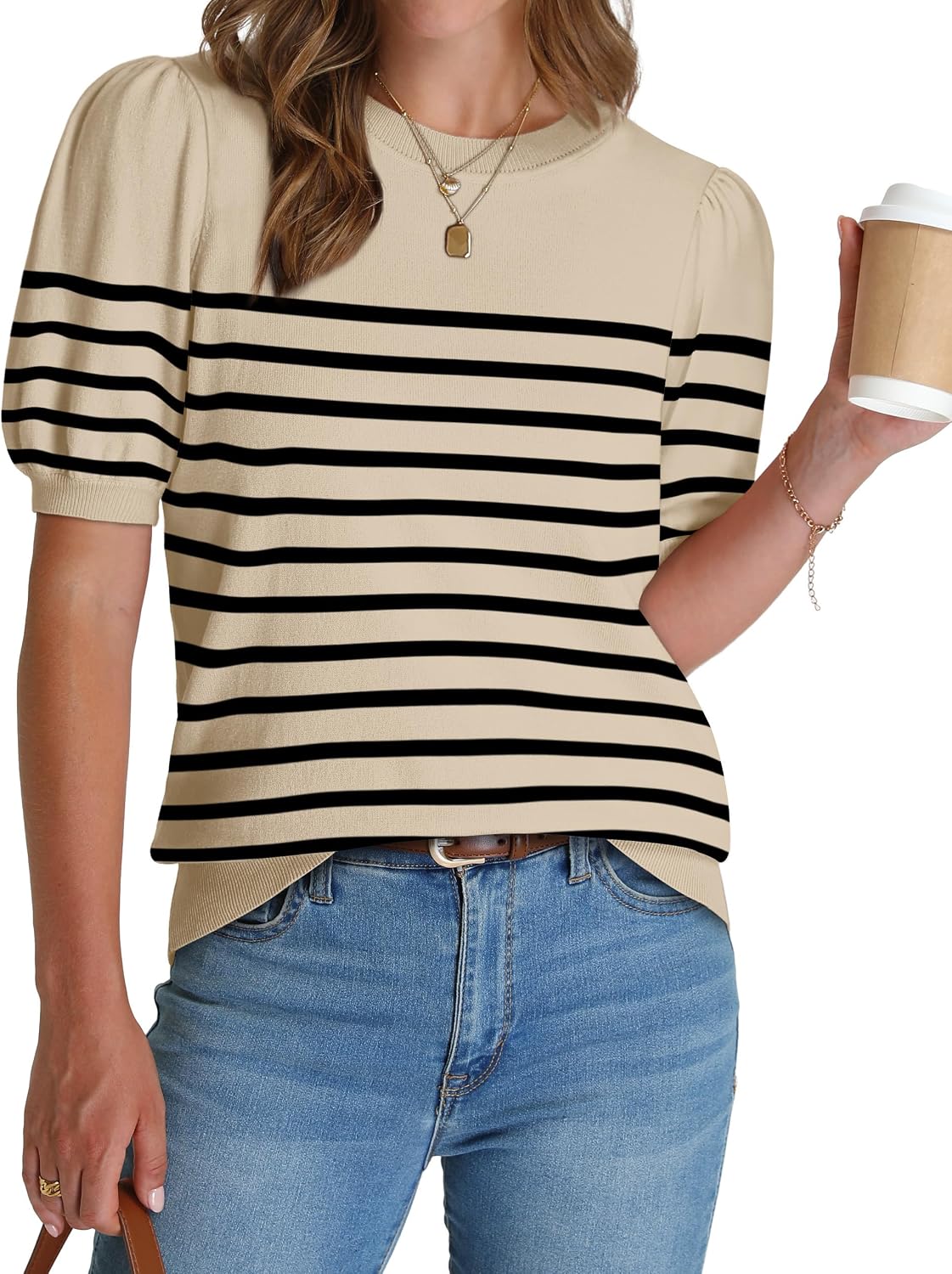 Women's Puff Short Sleeve Sweater 2026 Spring Summer Tops Trendy Business Causal Outfits Work Blouses Clothes