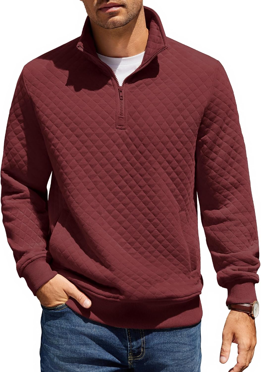 Mens Quarter Zip Pullover Quilted Sweatshirt Knit Long Sleeve Mock Neck Sweater Polo with Pocket