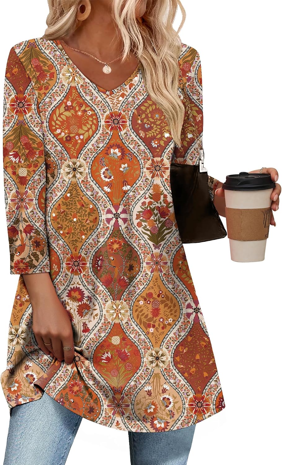 3/4 Length Sleeve Womens Tops Dressy Casual Plus Size Tunics to Wear with Leggings
