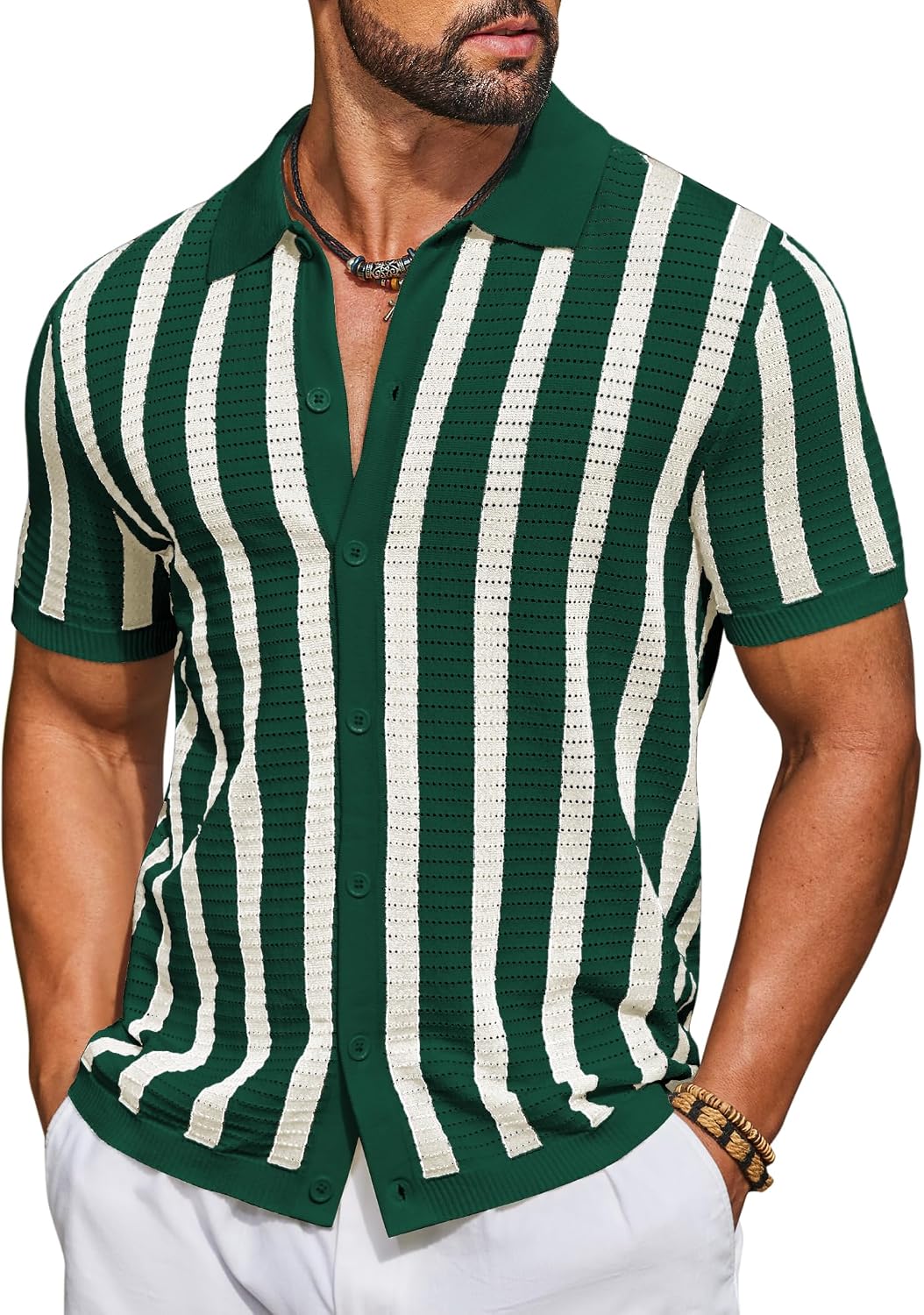 Men's Knit Shirts Short Sleeve Button Down Polo Shirt Striped Casual Summer Beach Shirts