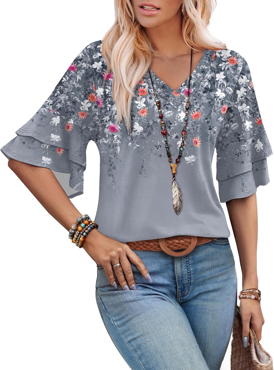 Spring Tops for Women Boho Shirts Fashion Clothing Cute 3/4 Length Sleeve Blouses Dressy Casual Summer Outfits