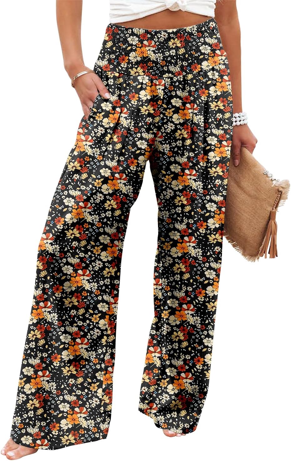 Womens Elastic High Waisted Palazzo Pants Casual Wide Leg Long Lounge Pant Trousers with Pocket