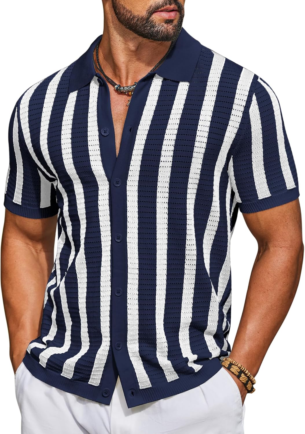 Men's Knit Shirts Short Sleeve Button Down Polo Shirt Striped Casual Summer Beach Shirts