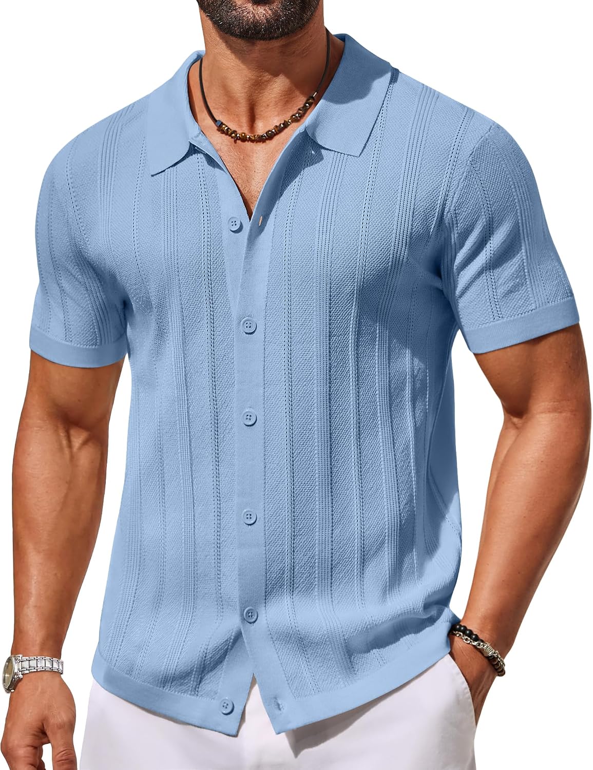 Men's Knit Button Down Shirts Short Sleeve Polo Shirt Casual Vacation Summer Beach Shirts