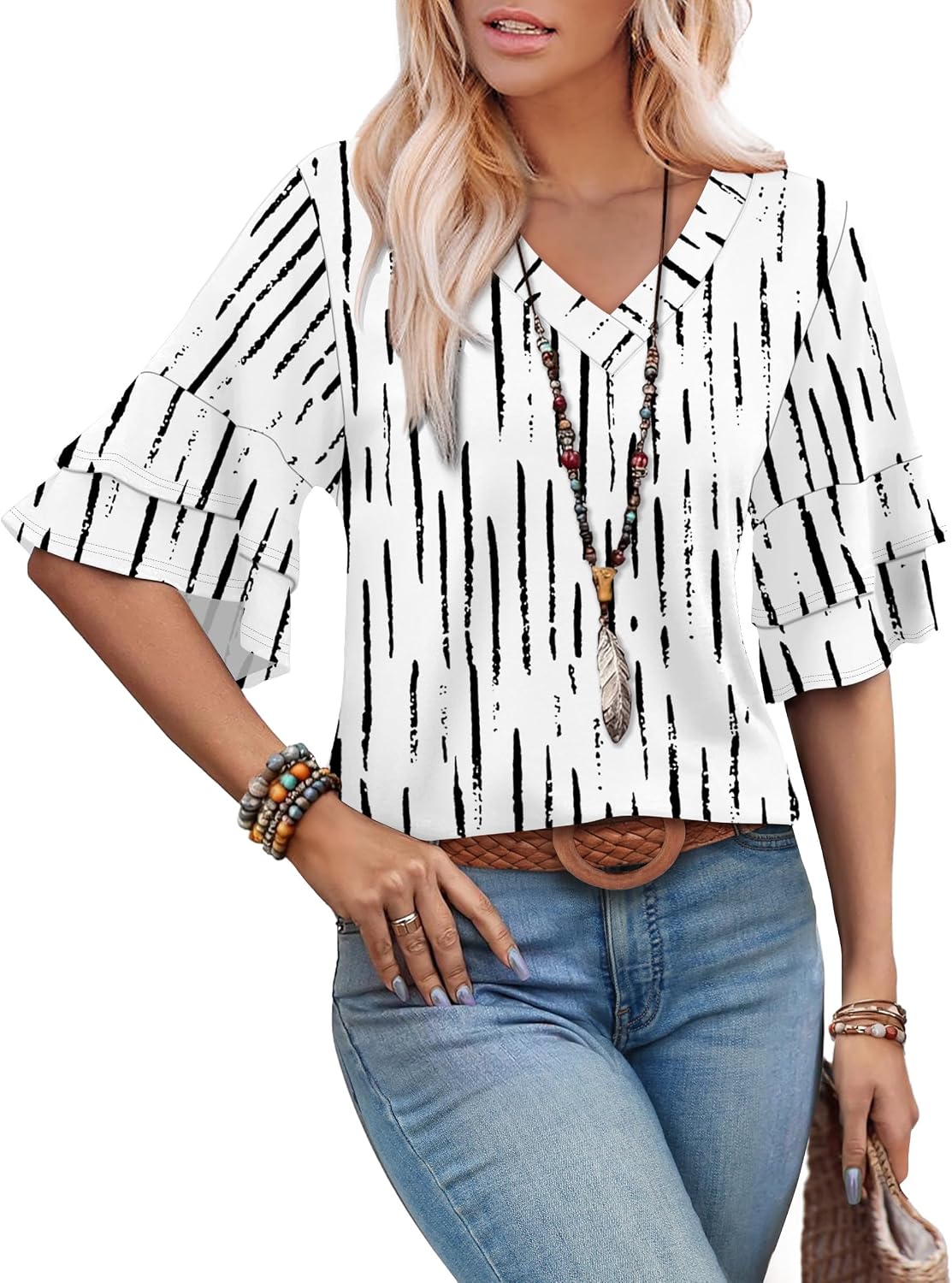 Spring Tops for Women Boho Shirts Fashion Clothing Cute 3/4 Length Sleeve Blouses Dressy Casual Summer Outfits