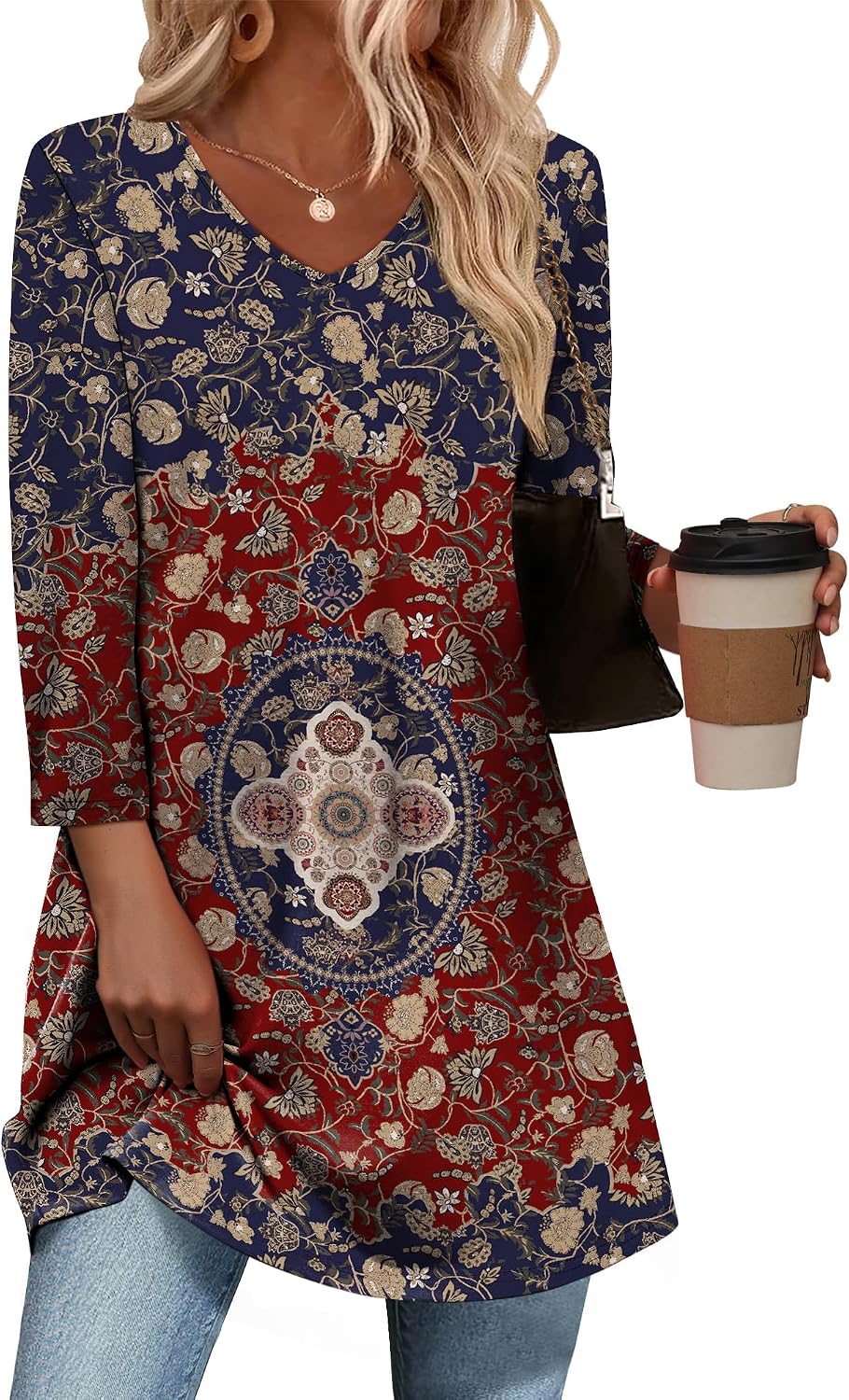 3/4 Length Sleeve Womens Tops Dressy Casual Plus Size Tunics to Wear with Leggings
