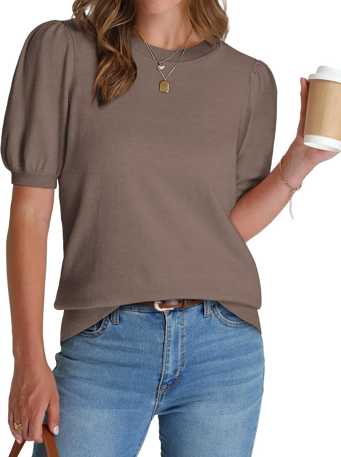 Women's Puff Short Sleeve Sweater 2026 Spring Summer Tops Trendy Business Causal Outfits Work Blouses Clothes