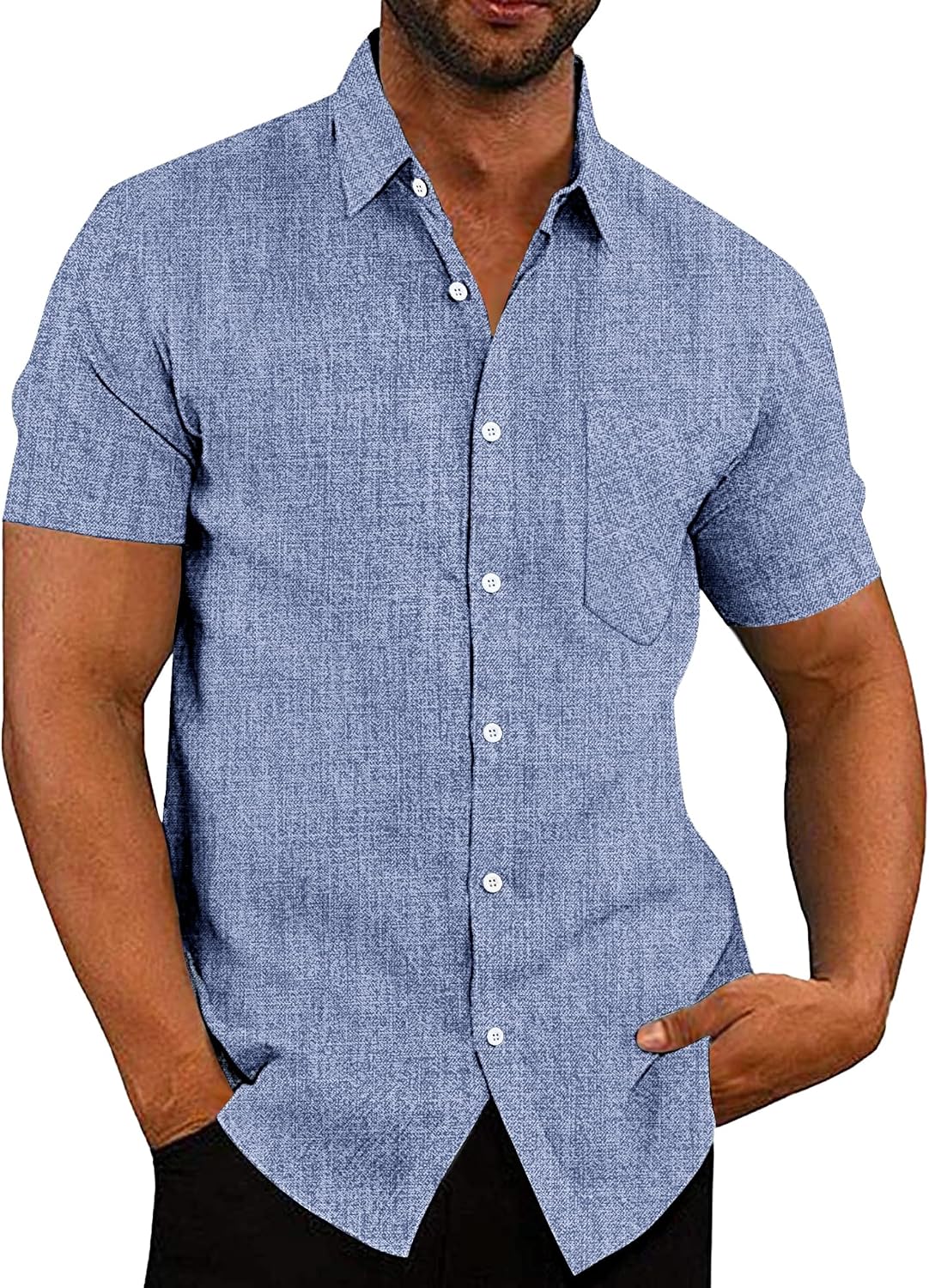 Men's Casual Button Down Shirts Short Sleeve Linen Shirts Summer Beach Dress Shirt