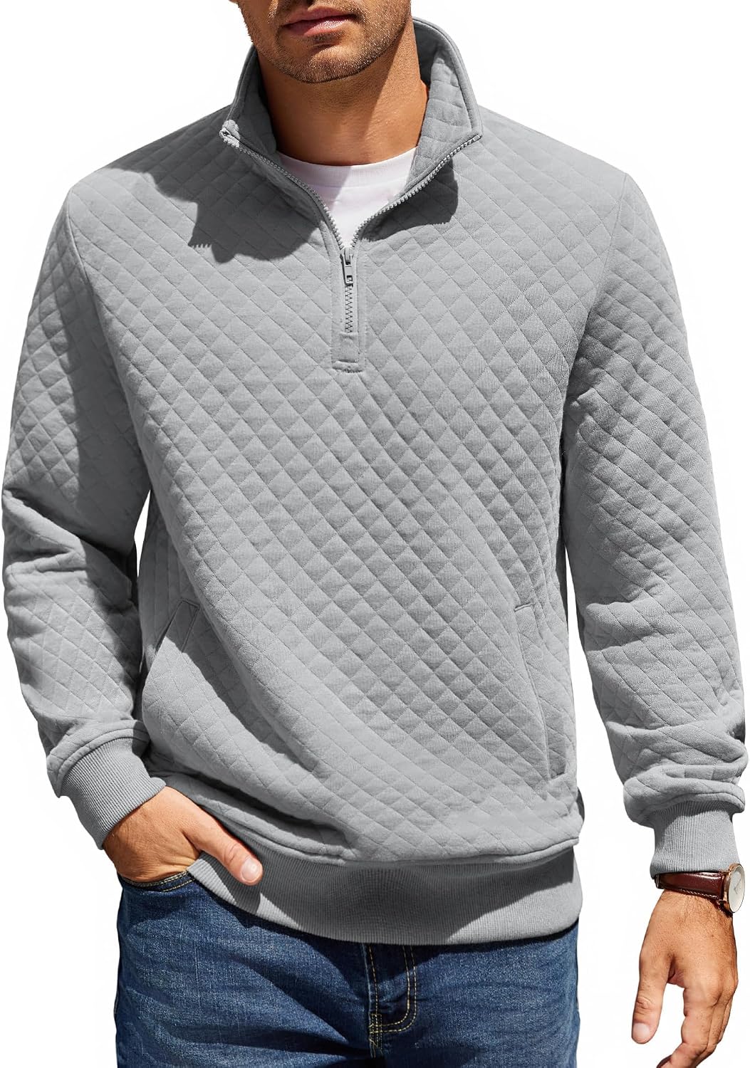 Mens Quarter Zip Pullover Quilted Sweatshirt Knit Long Sleeve Mock Neck Sweater Polo with Pocket