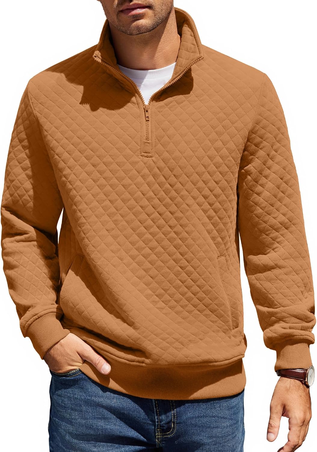 Mens Quarter Zip Pullover Quilted Sweatshirt Knit Long Sleeve Mock Neck Sweater Polo with Pocket