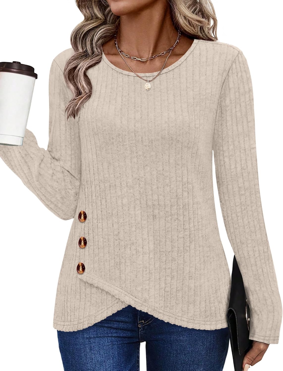 Tunic Sweaters for Women Long Sleeve Shirts Crew Neck Tops with Buttons Fall Fashion Outfits Winter Clothing