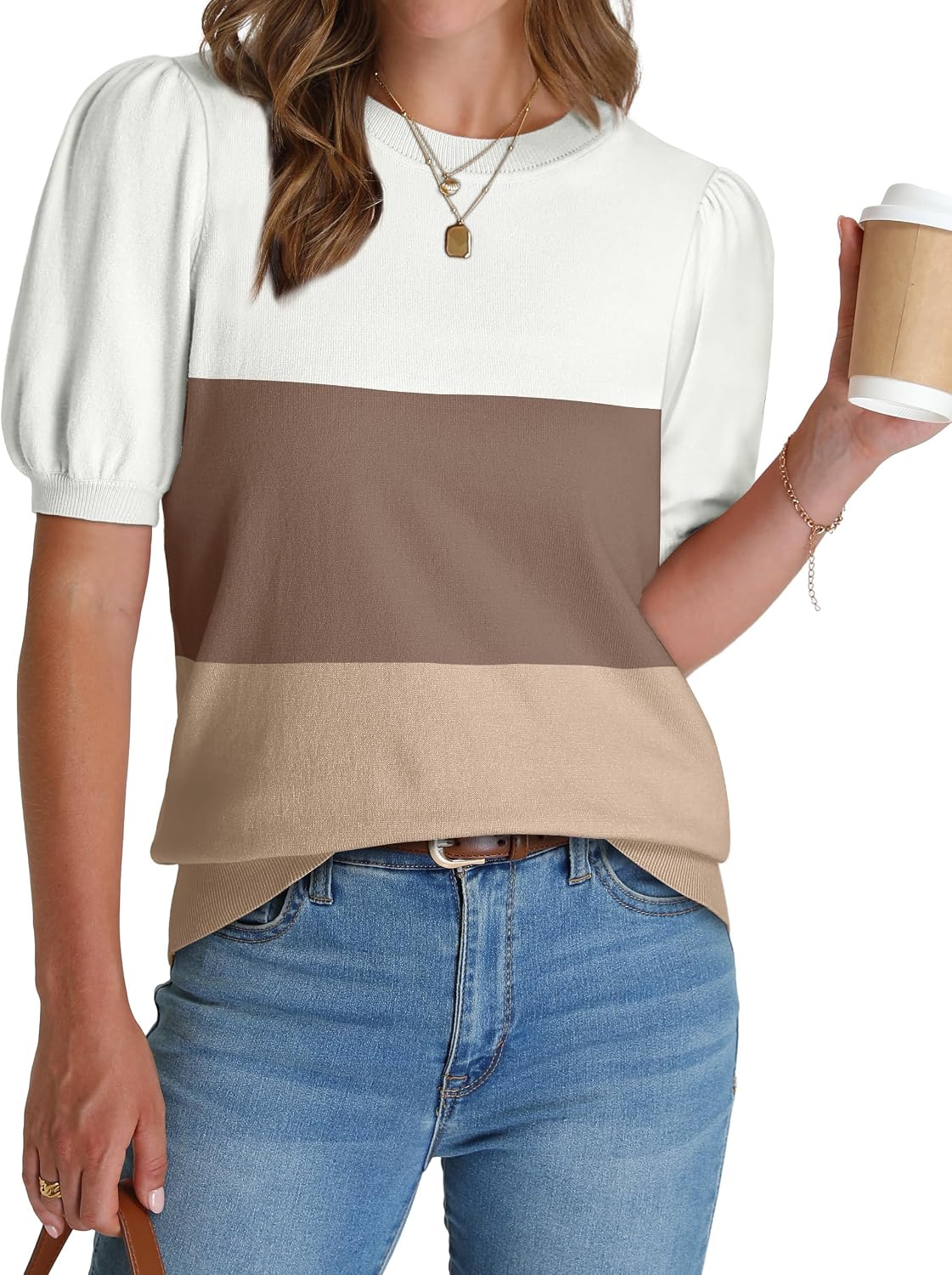 Women's Puff Short Sleeve Sweater 2026 Spring Summer Tops Trendy Business Causal Outfits Work Blouses Clothes