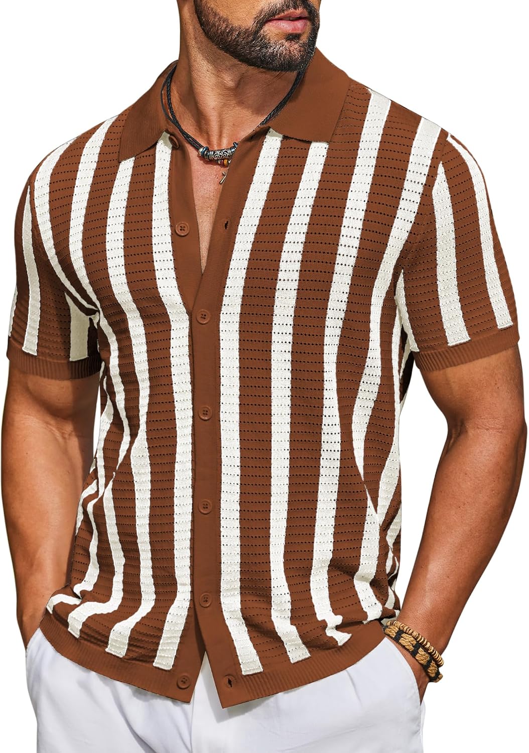 Men's Knit Shirts Short Sleeve Button Down Polo Shirt Striped Casual Summer Beach Shirts
