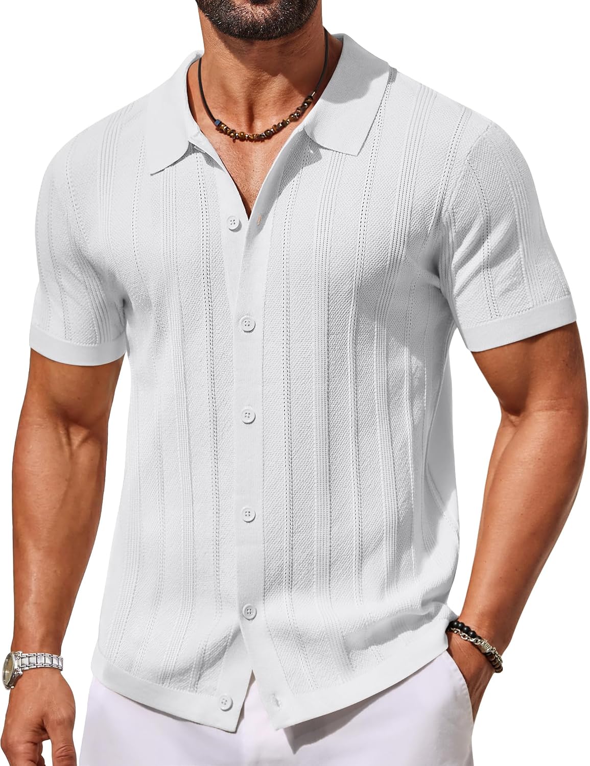 Men's Knit Button Down Shirts Short Sleeve Polo Shirt Casual Vacation Summer Beach Shirts