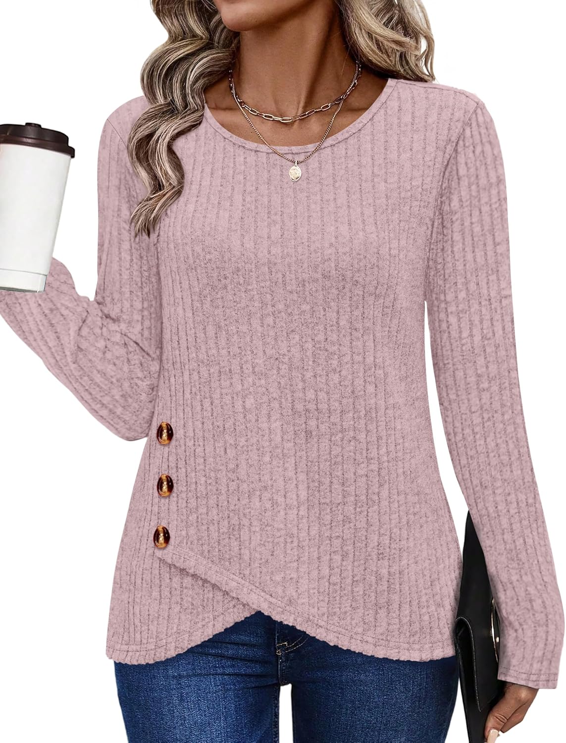 Tunic Sweaters for Women Long Sleeve Shirts Crew Neck Tops with Buttons Fall Fashion Outfits Winter Clothing