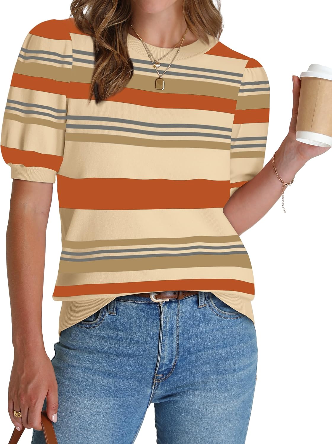 Women's Puff Short Sleeve Sweater 2026 Spring Summer Tops Trendy Business Causal Outfits Work Blouses Clothes