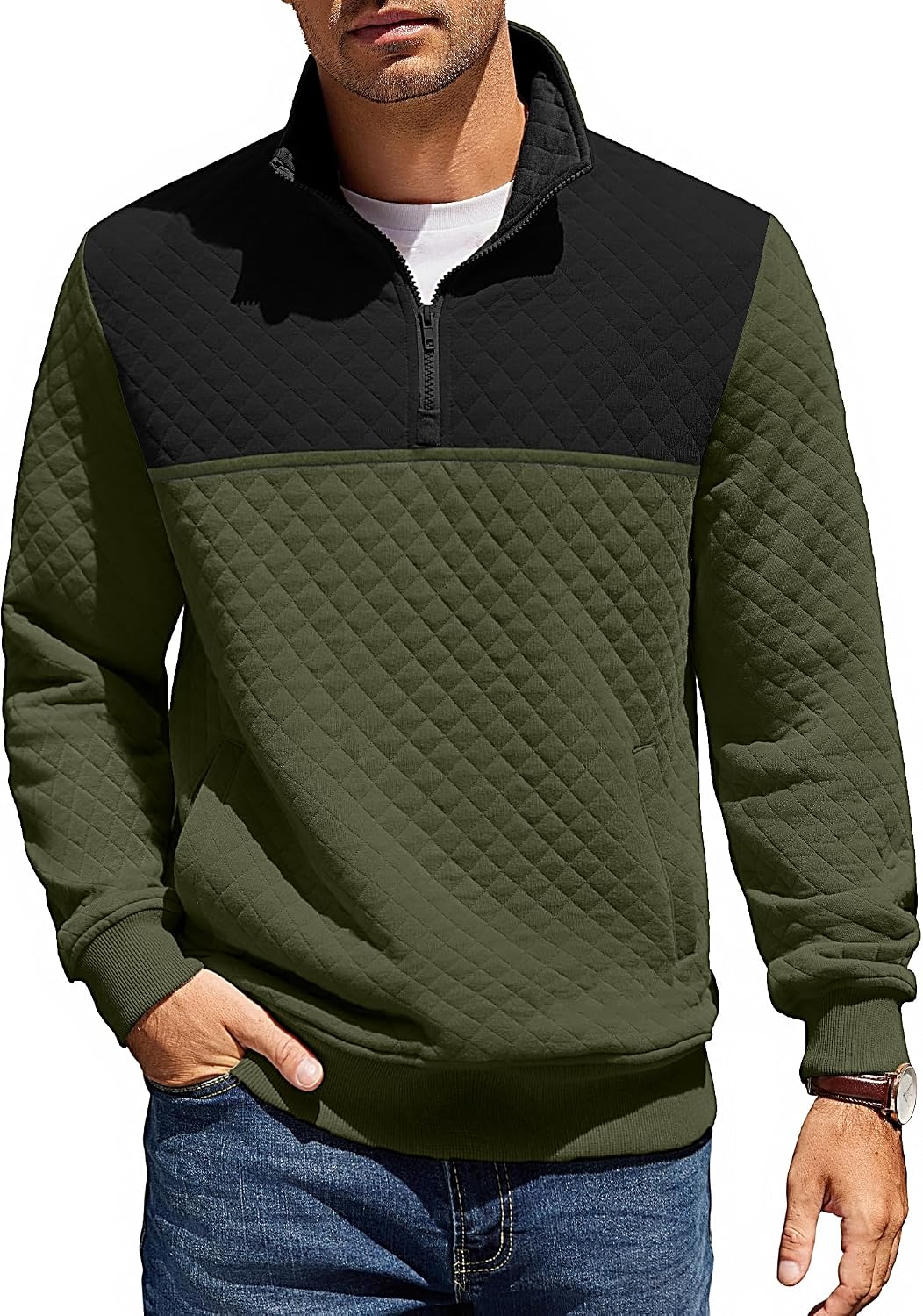 Mens Quarter Zip Pullover Quilted Sweatshirt Knit Long Sleeve Mock Neck Sweater Polo with Pocket
