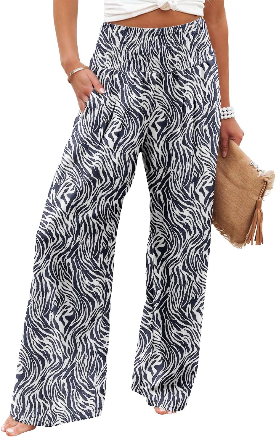 Womens Elastic High Waisted Palazzo Pants Casual Wide Leg Long Lounge Pant Trousers with Pocket