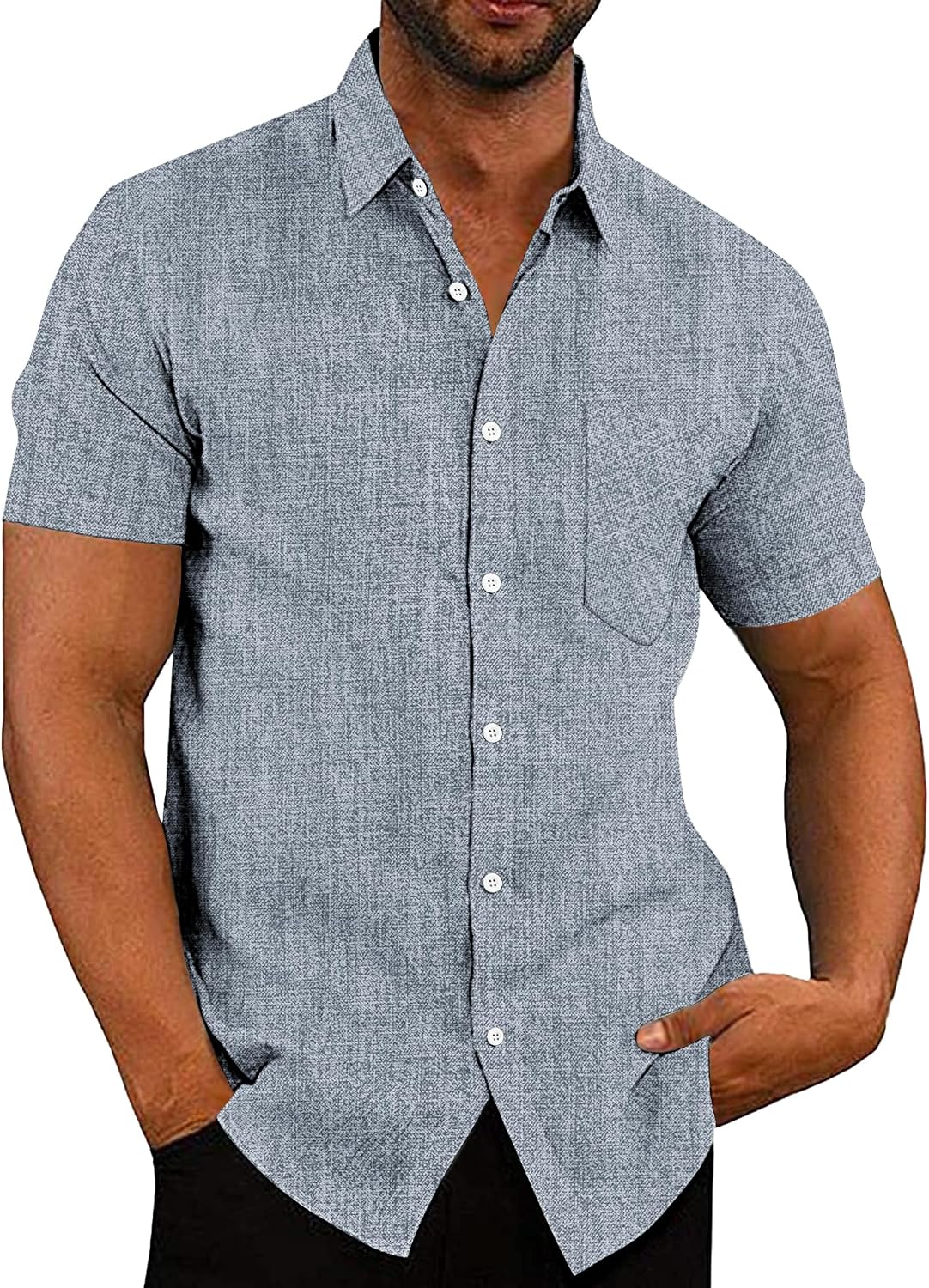 Men's Casual Button Down Shirts Short Sleeve Linen Shirts Summer Beach Dress Shirt