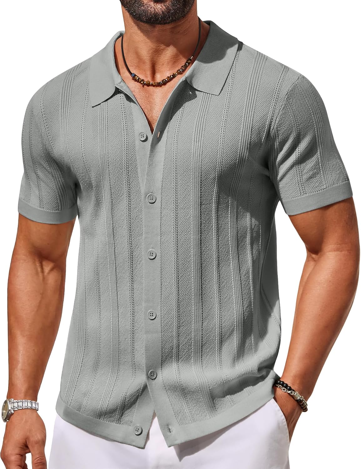 Men's Knit Button Down Shirts Short Sleeve Polo Shirt Casual Vacation Summer Beach Shirts