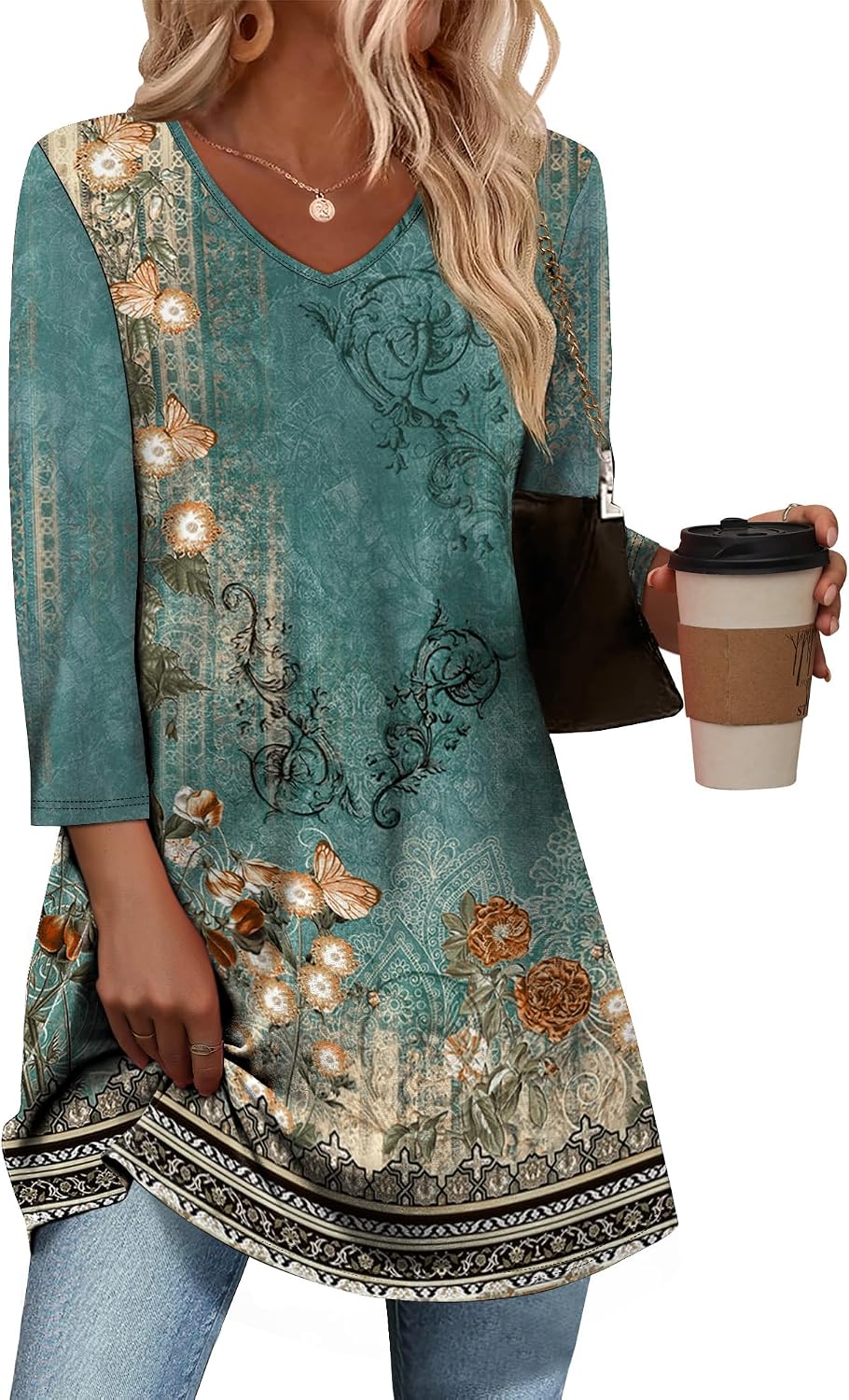 3/4 Length Sleeve Womens Tops Dressy Casual Plus Size Tunics to Wear with Leggings