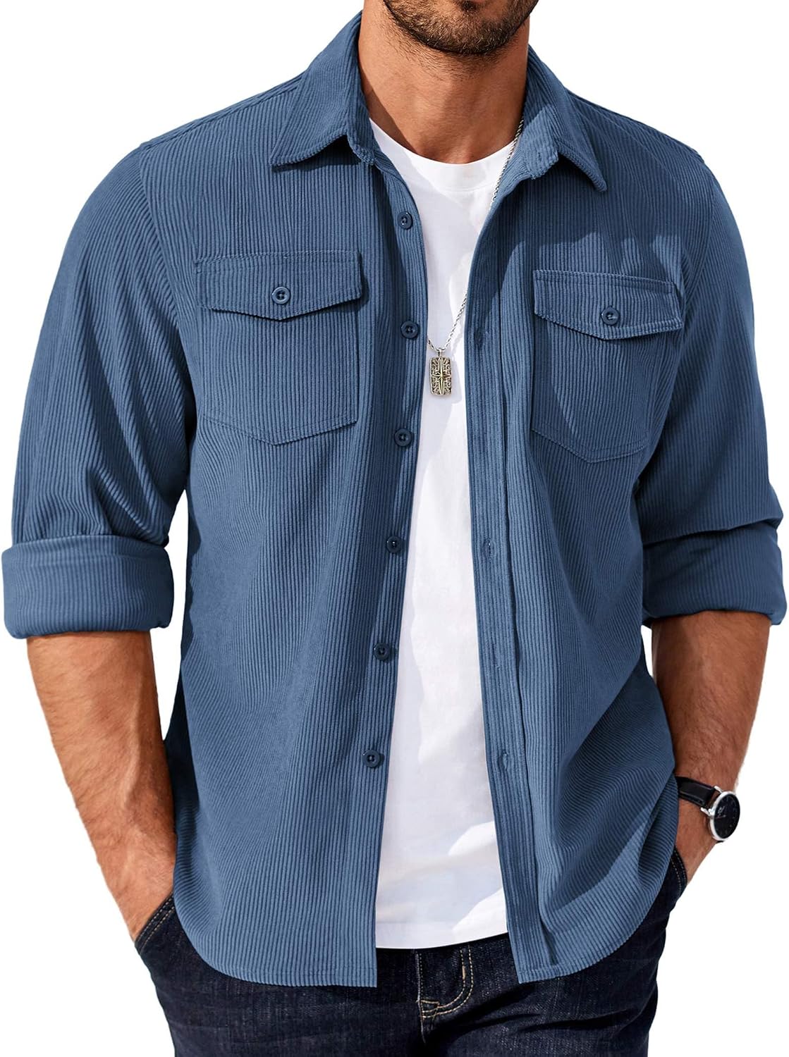Men's Corduroy Button Down Shirts Jackets Casual Long Sleeve Shacket Lightweight Overshirts with Flap Pockets
