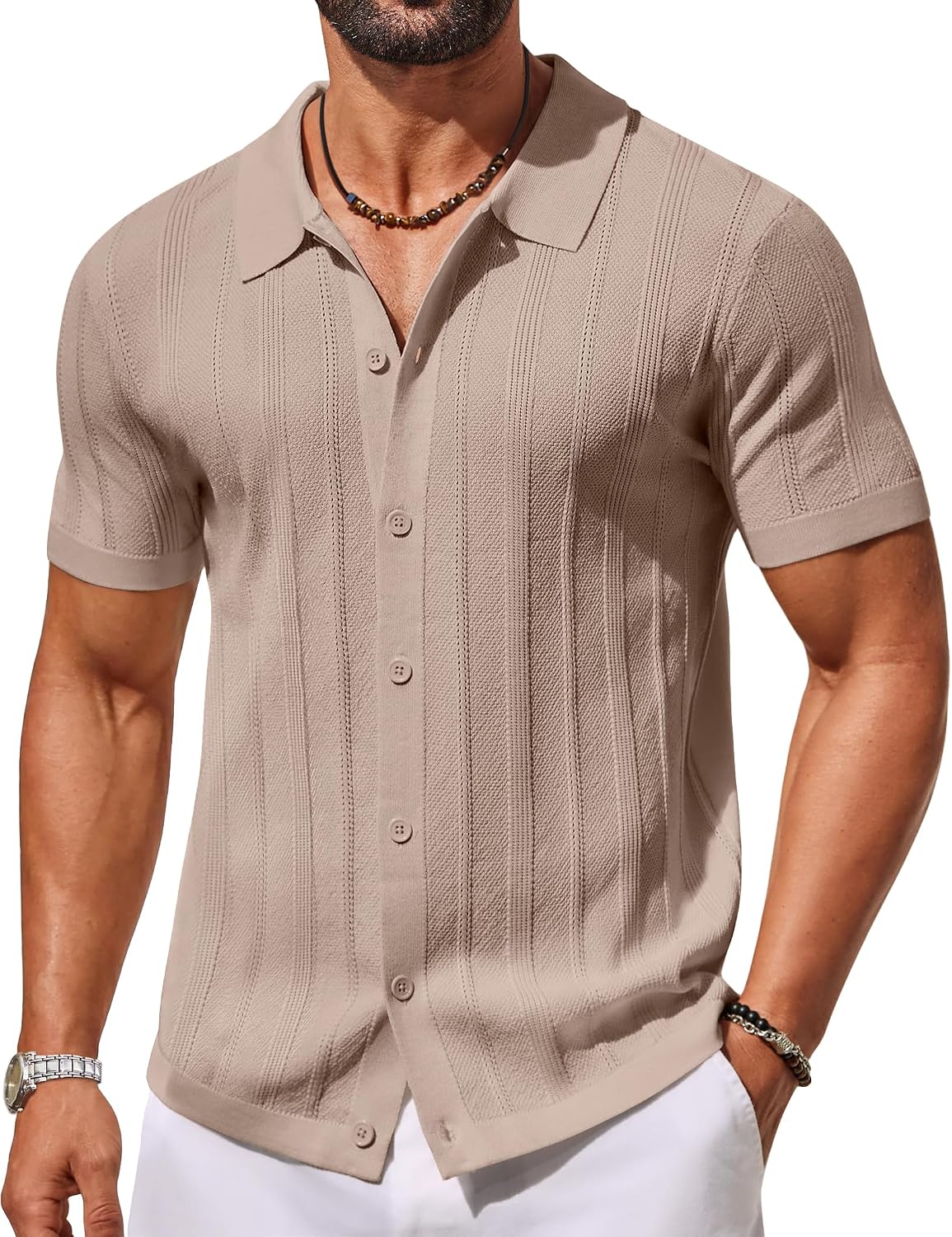 Men's Knit Button Down Shirts Short Sleeve Polo Shirt Casual Vacation Summer Beach Shirts