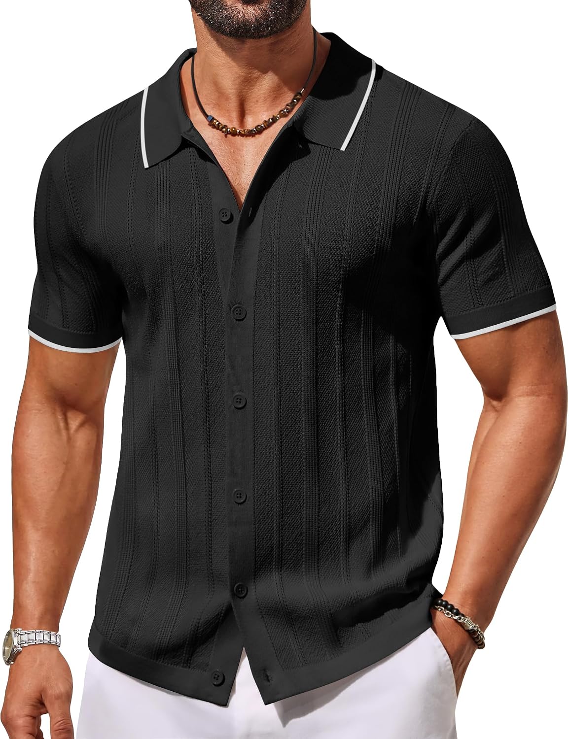 Men's Knit Button Down Shirts Short Sleeve Polo Shirt Casual Vacation Summer Beach Shirts