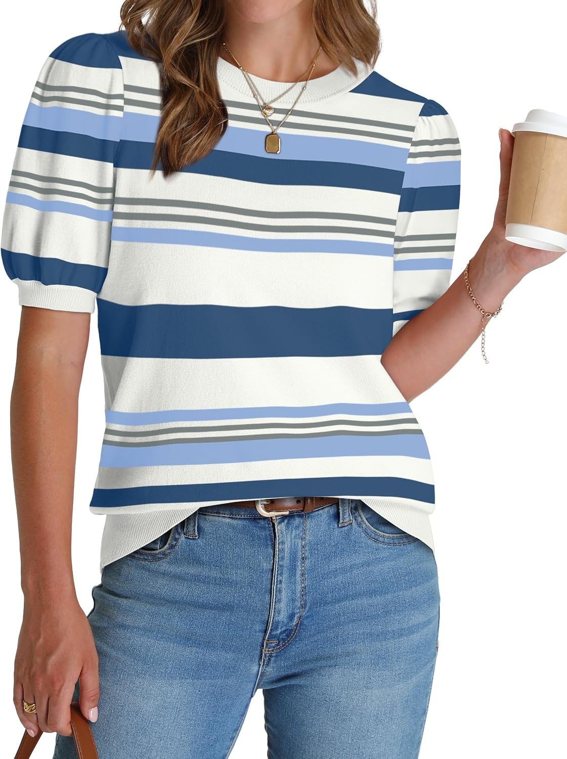 Women's Puff Short Sleeve Sweater 2026 Spring Summer Tops Trendy Business Causal Outfits Work Blouses Clothes
