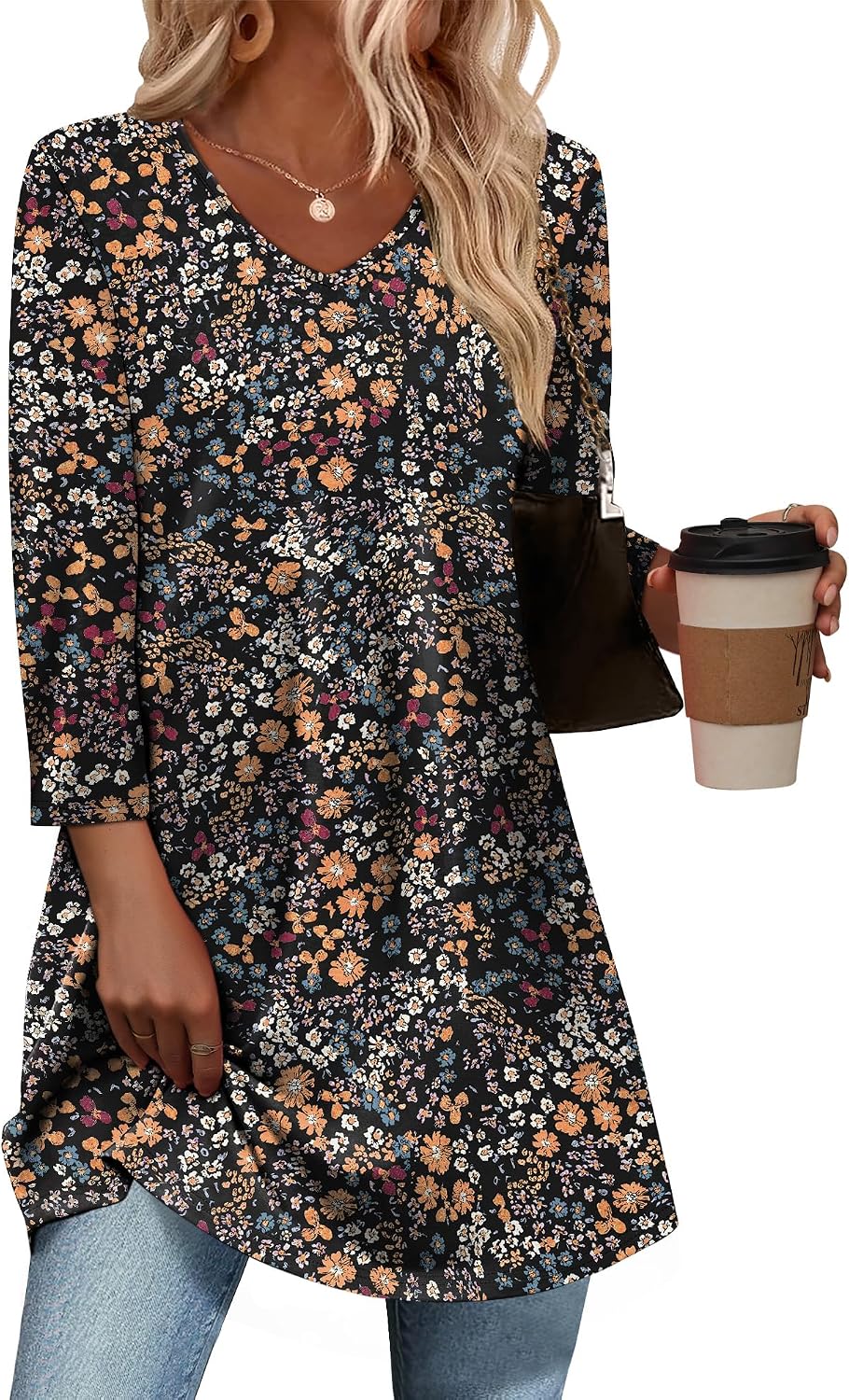3/4 Length Sleeve Womens Tops Dressy Casual Plus Size Tunics to Wear with Leggings