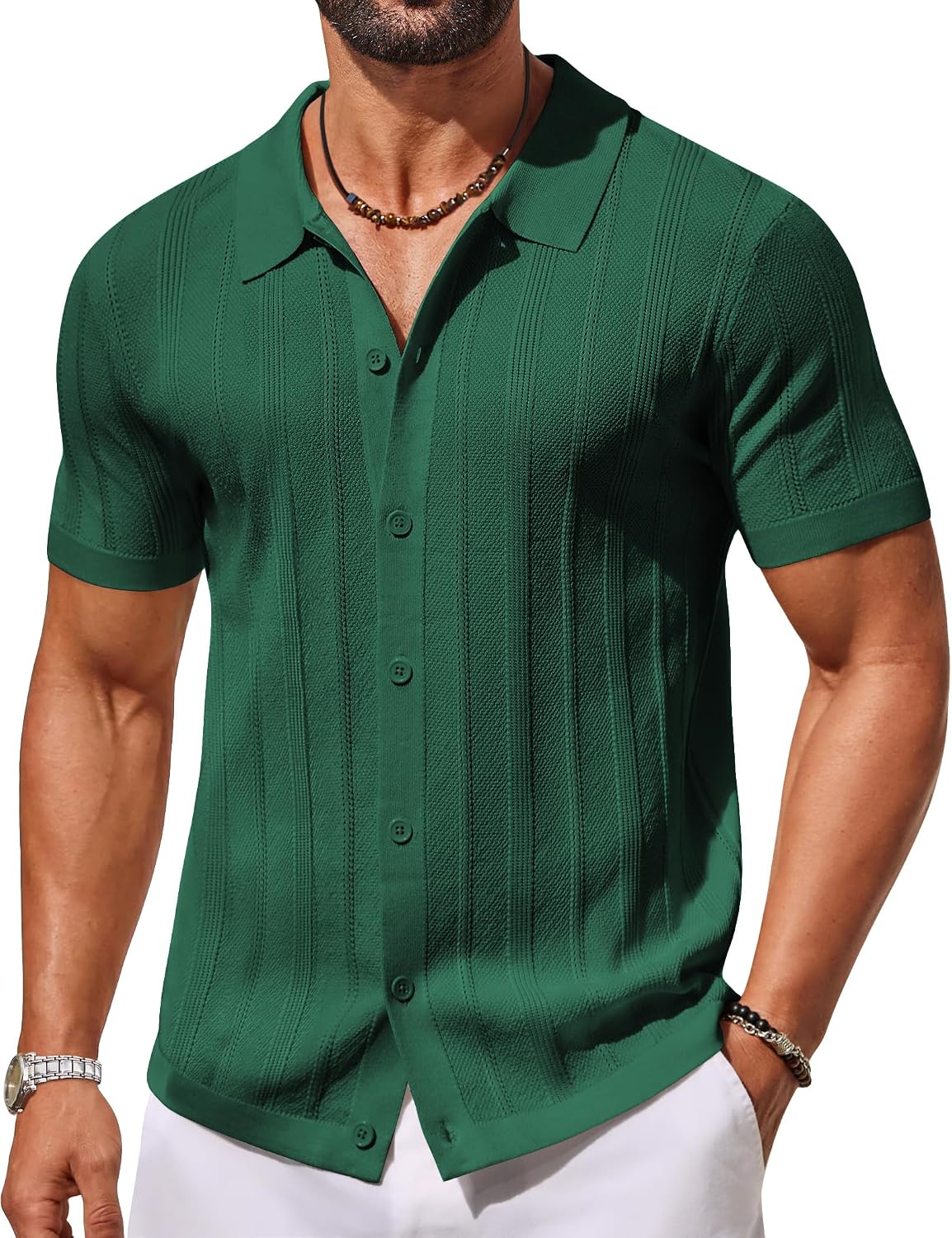 Men's Knit Button Down Shirts Short Sleeve Polo Shirt Casual Vacation Summer Beach Shirts