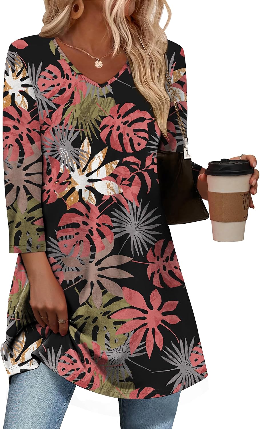 3/4 Length Sleeve Womens Tops Dressy Casual Plus Size Tunics to Wear with Leggings