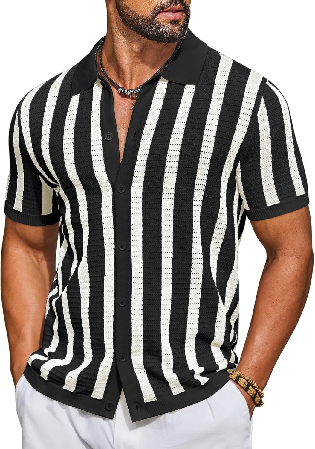 Men's Knit Shirts Short Sleeve Button Down Polo Shirt Striped Casual Summer Beach Shirts