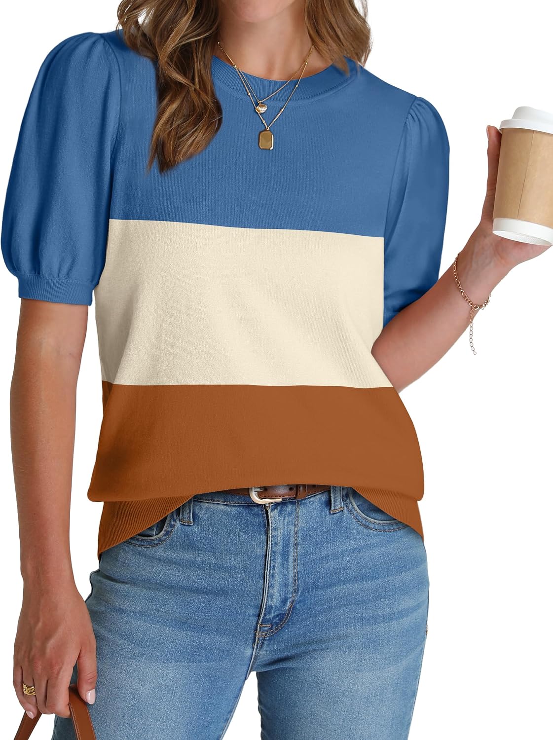 Women's Puff Short Sleeve Sweater 2026 Spring Summer Tops Trendy Business Causal Outfits Work Blouses Clothes