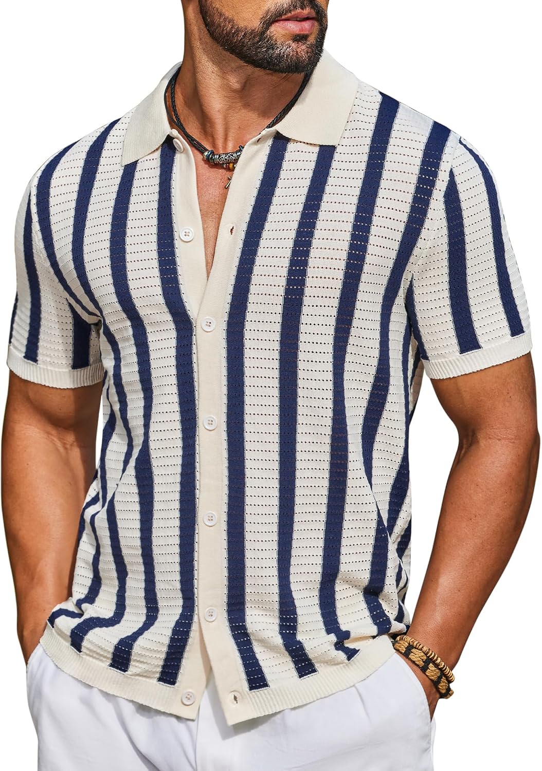 Men's Knit Shirts Short Sleeve Button Down Polo Shirt Striped Casual Summer Beach Shirts